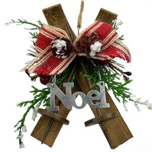 Rustic Noel Christmas Ornament Skis Pinecones Burlap Bow Farmhouse Lodge Cabin
